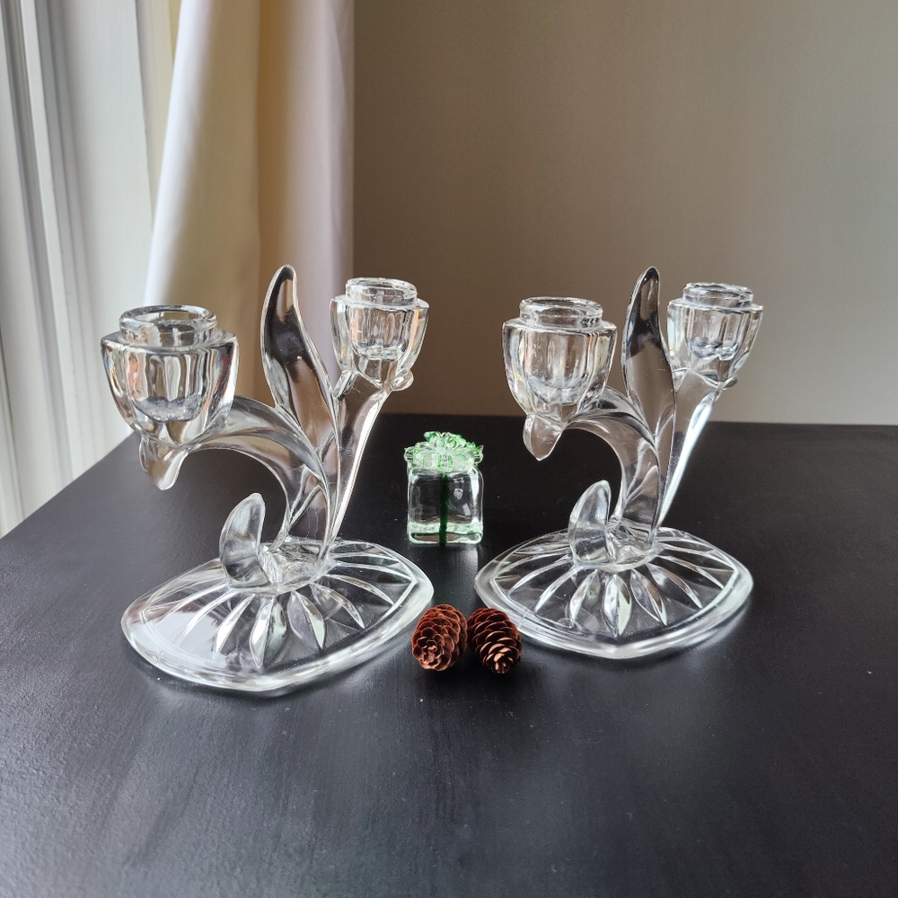 2 vintage glass candelabras - 2 prong - Lotus blossom by Indiana Glass